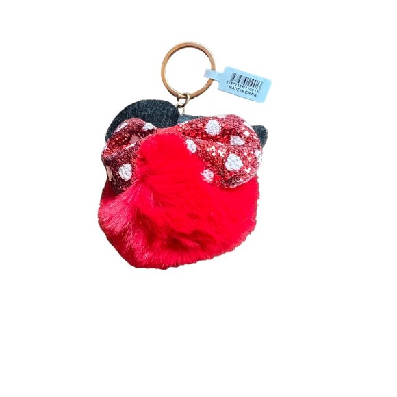 Disney Minnie Mouse Pom Pom Keychain Bow Glitter Red Black - Picture 5 of 8